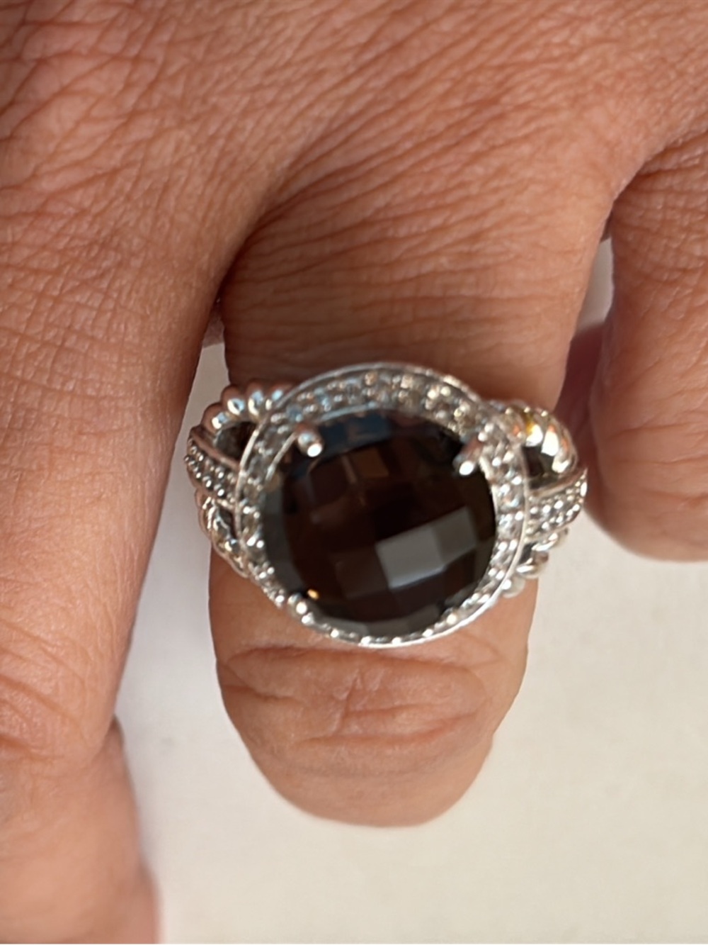 Judith Ripka Sterling Silver and Smoky Quartz with CZ Halo Ring